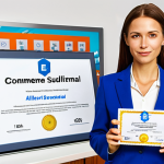 **
    "A determined and confident professional, male or female, mid-shot, holding a stylized E-commerce certificate that subtly glows, symbolizing a strong foundation for a digital career. In the background, a dynamic, interconnected network of online stores and data streams represents the vast e-commerce landscape. The person's posture conveys readiness to apply newly acquired knowledge and a unique specialization, hinting at their 'Alleinstellungsmerkmal' (Unique Selling Proposition). The scene is modern, optimistic, and evokes professional growth within a European business context. High resolution, vibrant colors, photorealistic."

2.  **Prompt for
