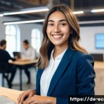 전자상거래 자격증을 활용한 스타트업 취업 후기 - **A young woman in her late 20s, smiling confidently, presenting her E-Commerce Zertifikat. She is w...