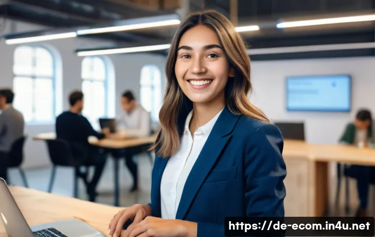 전자상거래 자격증을 활용한 스타트업 취업 후기 - **A young woman in her late 20s, smiling confidently, presenting her E-Commerce Zertifikat. She is w...