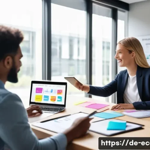 전자상거래 자격증 취득 후 프로젝트 관리 경험 - A modern office scene showing a diverse team of professionals in casual business attire collaboratin...