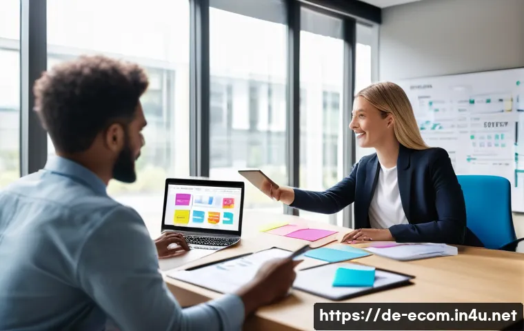 전자상거래 자격증 취득 후 프로젝트 관리 경험 - A modern office scene showing a diverse team of professionals in casual business attire collaboratin...