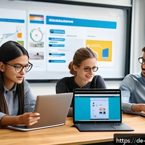 전자상거래 자격증 실기 시험 대비 고객 경험 관리 학습법 - A modern German classroom setting where a diverse group of young adult students engage in an interac...