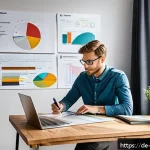 전자상거래 관리사 실기 시험에서 자주 출제되는 문제 분석 - A modern home office setting with a young German professional studying e-commerce management on a la...