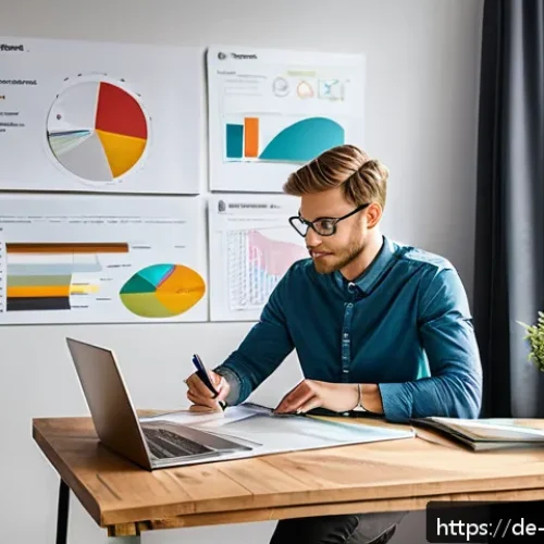 전자상거래 관리사 실기 시험에서 자주 출제되는 문제 분석 - A modern home office setting with a young German professional studying e-commerce management on a la...