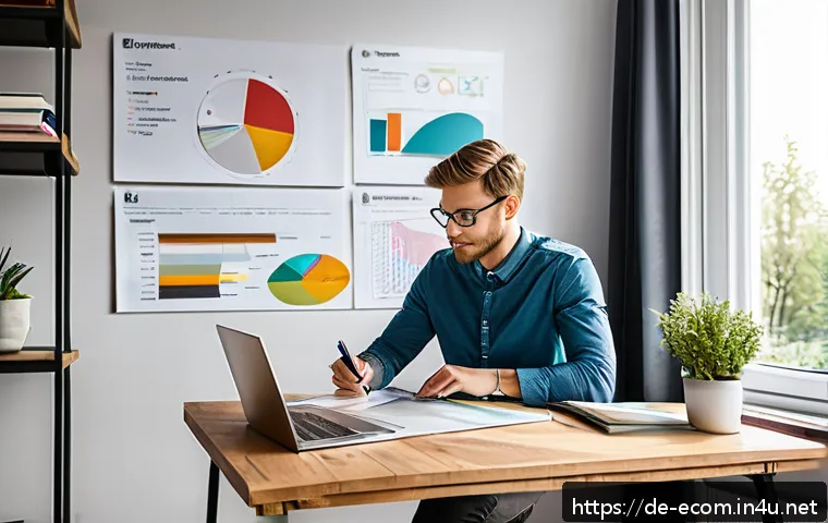 전자상거래 관리사 실기 시험에서 자주 출제되는 문제 분석 - A modern home office setting with a young German professional studying e-commerce management on a la...
