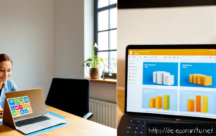 전자상거래 자격증과 디지털 마케팅 자격증 비교 및 활용 사례 - Photorealistic split-screen comparison in a bright modern German home office: on the left, an e-comm...